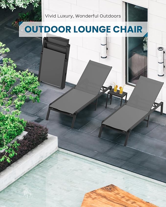 Pool Lounge Chairs Set of 2, Foldable Aluminum Chaise Lounge Outdoor with 5 Positions Recliner - Free Assembly - Patio Chaise Lounge Chair for Poolside, Beach, Yard (Darkgray, 2 Pack)