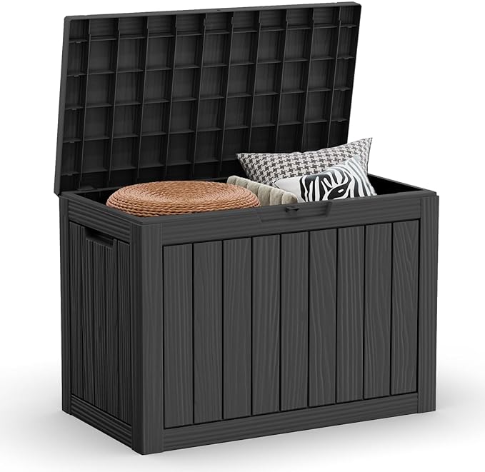 46 Gallon Outdoor Deck Box,Storage Lockable Waterproof Patio Furniture,Garden Tools,Cushions,Pool Accessories Outside Storage Resin Box(Black)