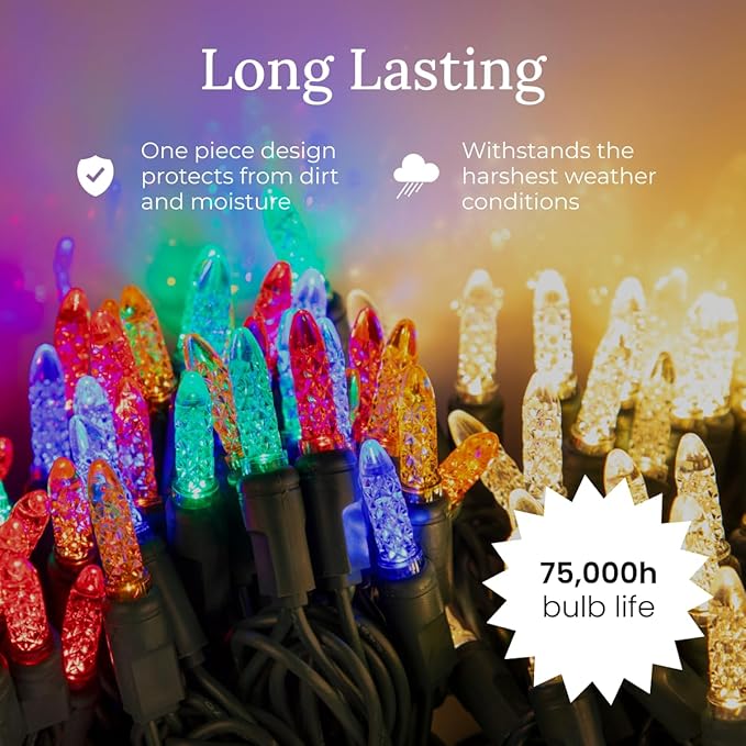 Pro Christmas M5 LED Holiday Lights - 70 Bulbs, 23.3ft - Professional Grade Indoor Outdoor Diamond Cut Sparkle Light Strings for Home Decorations and Christmas Trees - Green