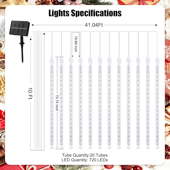 Purple Solar Meteor Shower Lights, 116 Inches 20 Tube 720 LED With 16 Tubes, Icicle Fairy String for Christmas Decorations Tree Party Yard