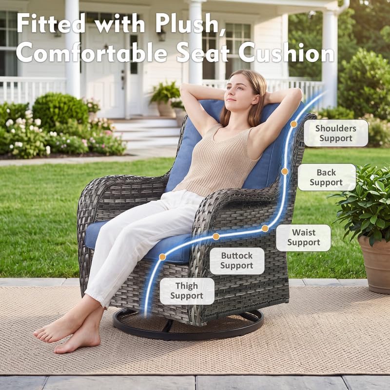 2 Pieces Outdoor Wicker Swivel Rocker Patio Chairs Set of 2, Cushion Blue - Image 4