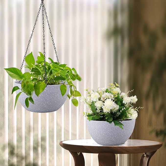 8 inch Small Hanging Planters for Indoor Outdoor Plants, 2 Pack Hanging Flower Pots with Drainage Holes and Chain for Garden Porch, Plastic Hanging Baskets for House Plants, Speckled Grey