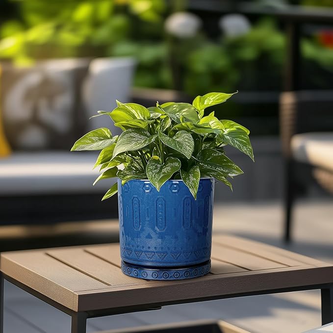 6 Inch Plant Pot - Ceramic Planter for Outdoor Plants Indoor Plant Pot with Drainage Holes and Saucer Succulent Pot Modern Round Flower Pot for House Room Decor Blue