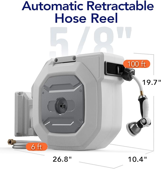5/8" x 100 ft Heavy Duty Retractable Garden Hose Reel by HOZEREEL, Outdoor Garden Hose Reels - Self Retract Wall Mount Hose Reel Automatic Storage, 10 Pattern Nozzle, Grey
