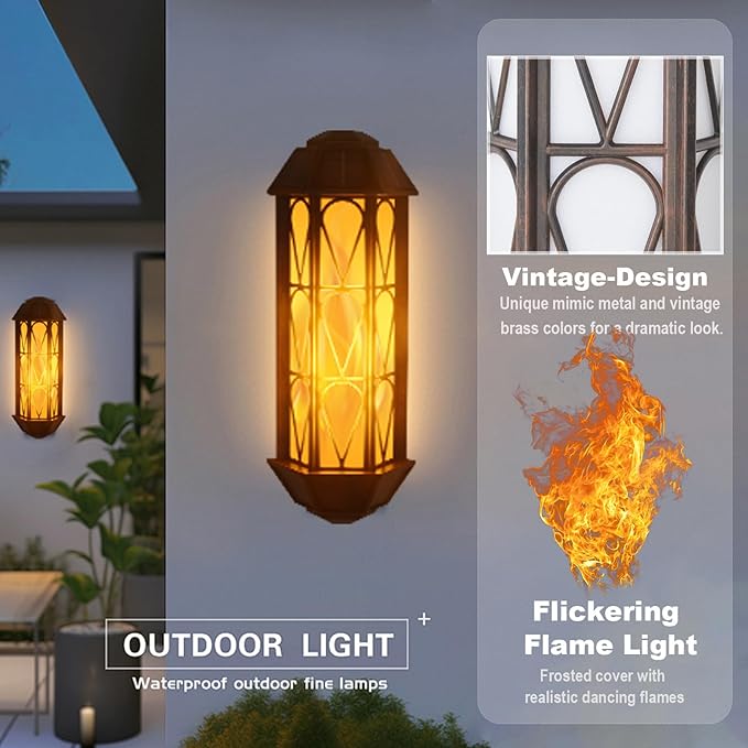KINGLEAD Flickering Flame Solar Wall Lights Outdoor Waterproof, Light Sensor Outdoor Wall Lights with 2 Lighting Mode, Vintage Solar Wall Lights for House Garden Porch Backyard Patio, 2 Pack
