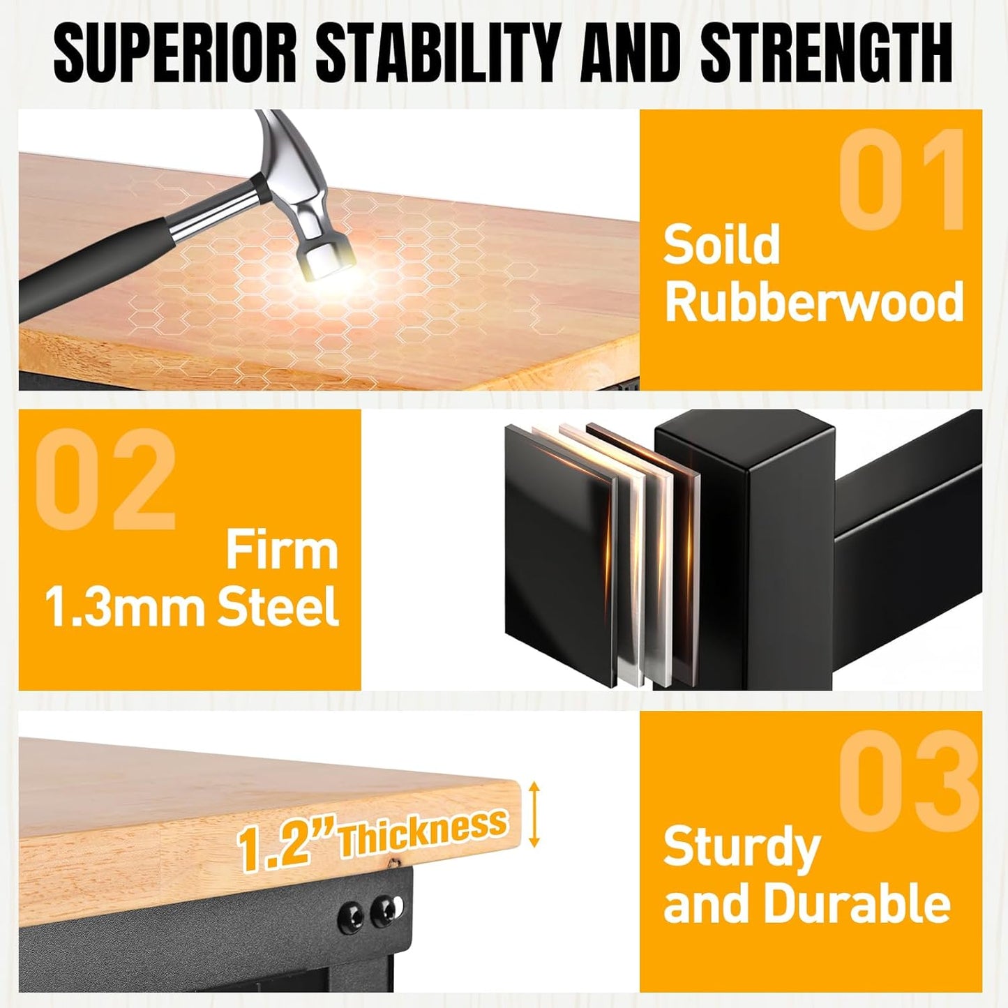 Adjustable Height Work Bench 48×24 Workbench for Garage with Under Table Shelf Heavy Duty Rubber Wood Work Table for Shop Woodworking, Office, Home, Commercial