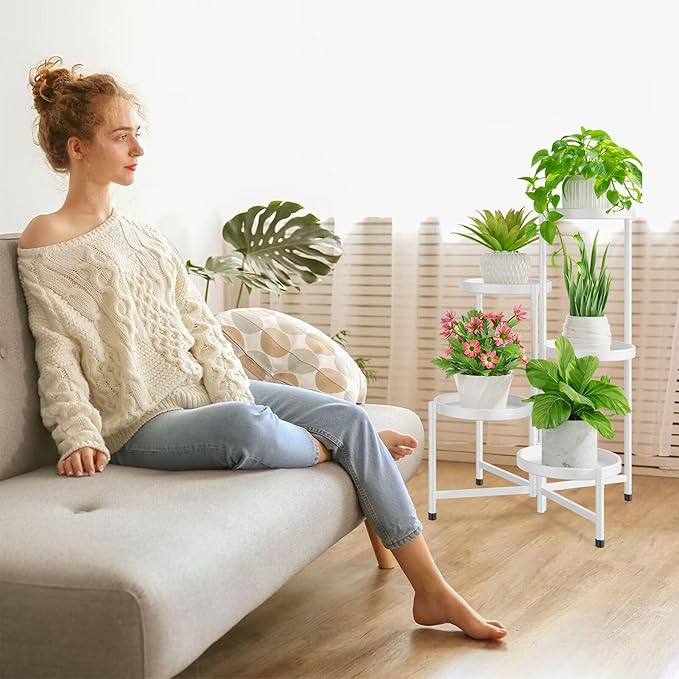 iDavosic.ly 5 Tier Large Plant Stand Indoor with 10 Inch Wide Tray, Tiered Corner Metal Outdoor Flower Display Holder Shelf, Folding Tall Rack for Patio Porch Living Room, White