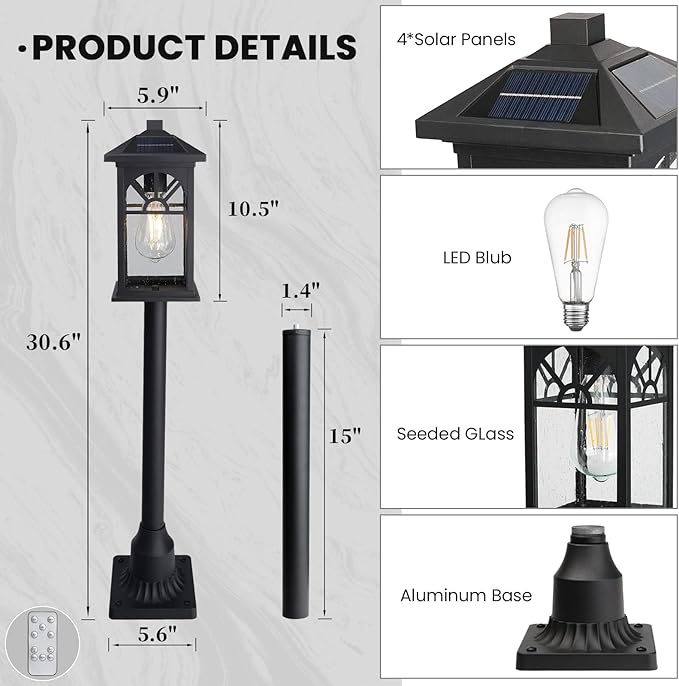 31" Solar Pathway Lights Outdoor, Black Aluminum Bollard Lighting with Remote Control - Dusk to Dawn LED Post Light, IP44 Waterproof for Lawn, Patio, Driveway & Backyard Decor (Bulb Included)