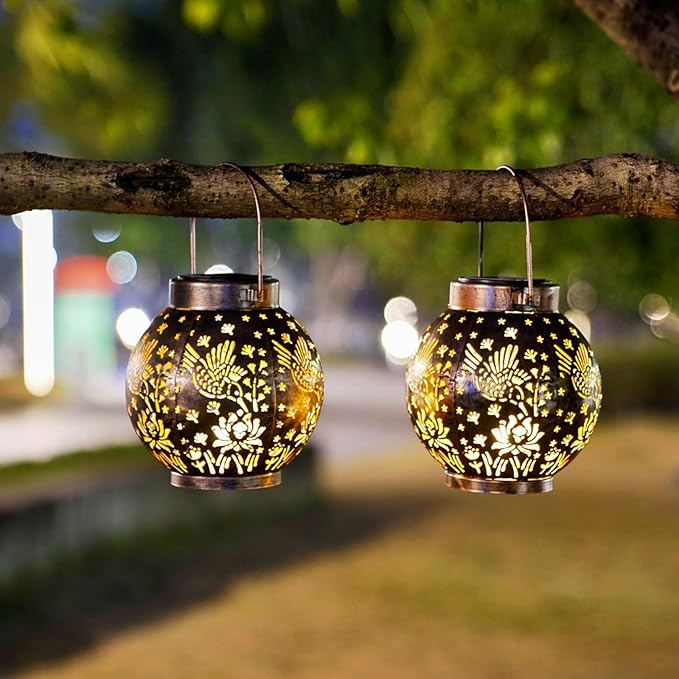 2 Pack Outdoor Solar Hanging Lantern Lights Metal LED Decorative Lamp for Garden Patio Courtyard Lawn and Table with Hollowed-Out Design (Bronze Hummingbird)