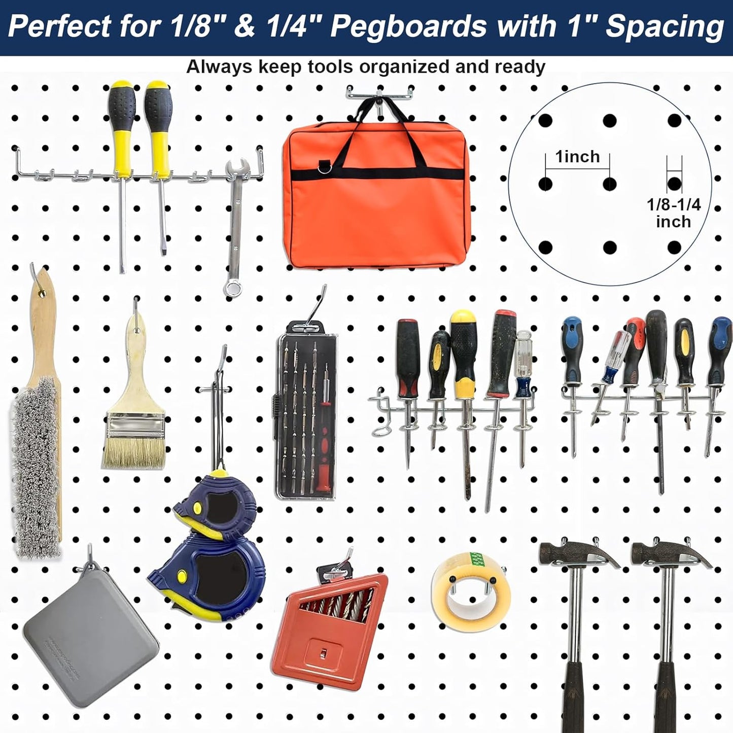 17-in-1 Pegboard Hooks Assortment - 143 Pcs 14 Sizes Peg Board Organizer Accessories Kit with 6 Pegboard Bins, 30 Silicone & 42 Stainless Steel Peg Hook Locks for 1/4" and 1/8" Pegboards Hanging Tools
