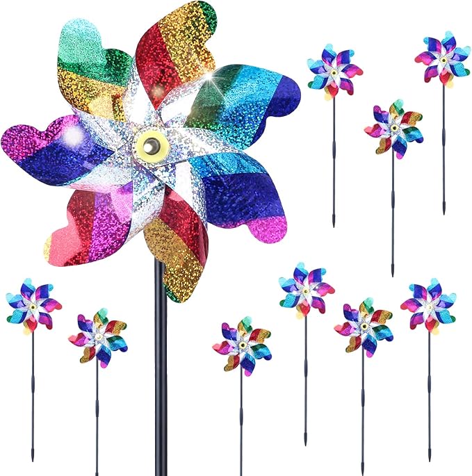 BATTIFE 10 Pack Sparkly Rainbow Pinwheels, Reflective Wind Spinner for Yard and Garden with Stakes, Decor Windmill to Scare Birds Away for Lawn and Patio