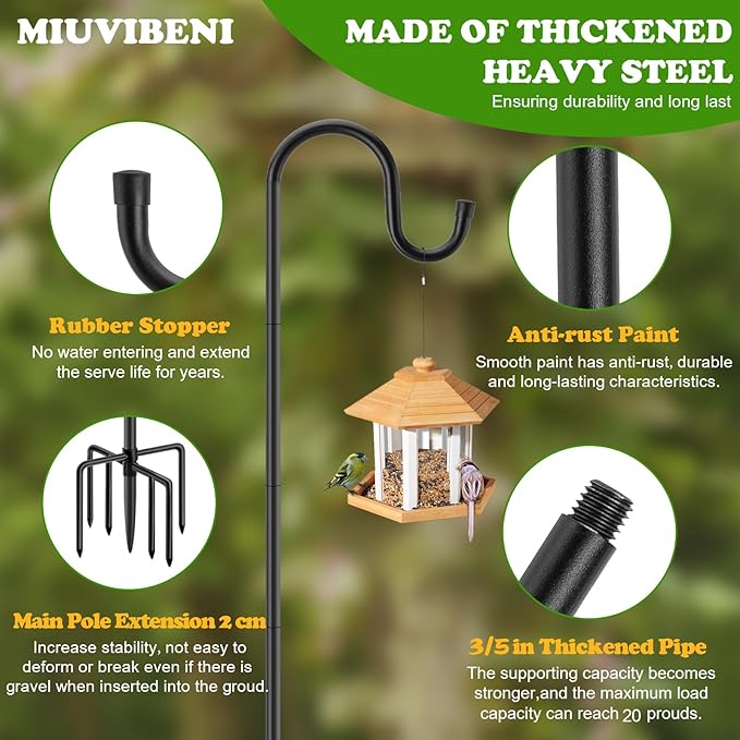 60" Shepherds Hooks for Outdoor, Heavy Duty Bird Feeder Pole for Hanging Lantern, Hummingbird Feeder, 7 Prongs Base Shepherds Hook for Bird Feeders Outside,1 Pack, Black