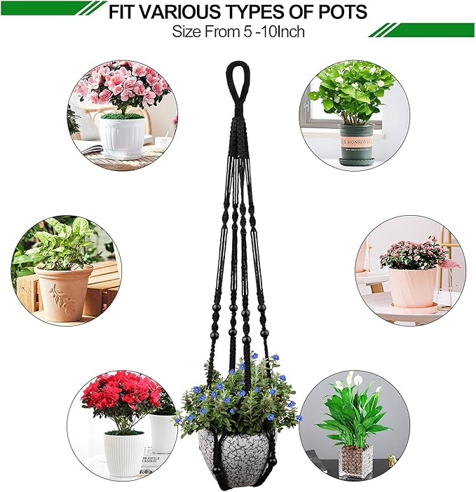 RIFNY Macrame Plant Hanger for 5 to 10 Inch Plant Pots, 35 Inch Woven Rope Hanger Kits with Hooks and Wood Beads, Hanging Planter Basket for Indoor Boho Home Decor (Black, 2 Pack)