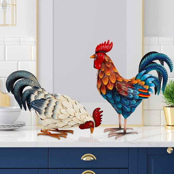 Shorayn Metal Rooster Statues, Outdoor Garden Statues, Metal Chicken Decor, Garden Sculptures & Statues, Chicken Ornaments Yard Art for Backyard Patio Lawn Decorations, Set of 2