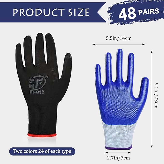 48 Pairs Garden Gloves for Women Men Breathable Rubber Coated Yard Safety Work Thorn Proof Work Gloves