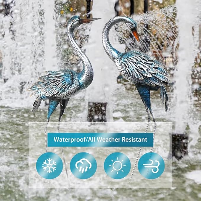 Crane Decor Statues, Blue Heron Garden Statues Metal Yard Art Outdoor Decoy, Garden Sculptures & Statues for Yard/Lawn/Pond/Outdoor Decoration, Set of 2