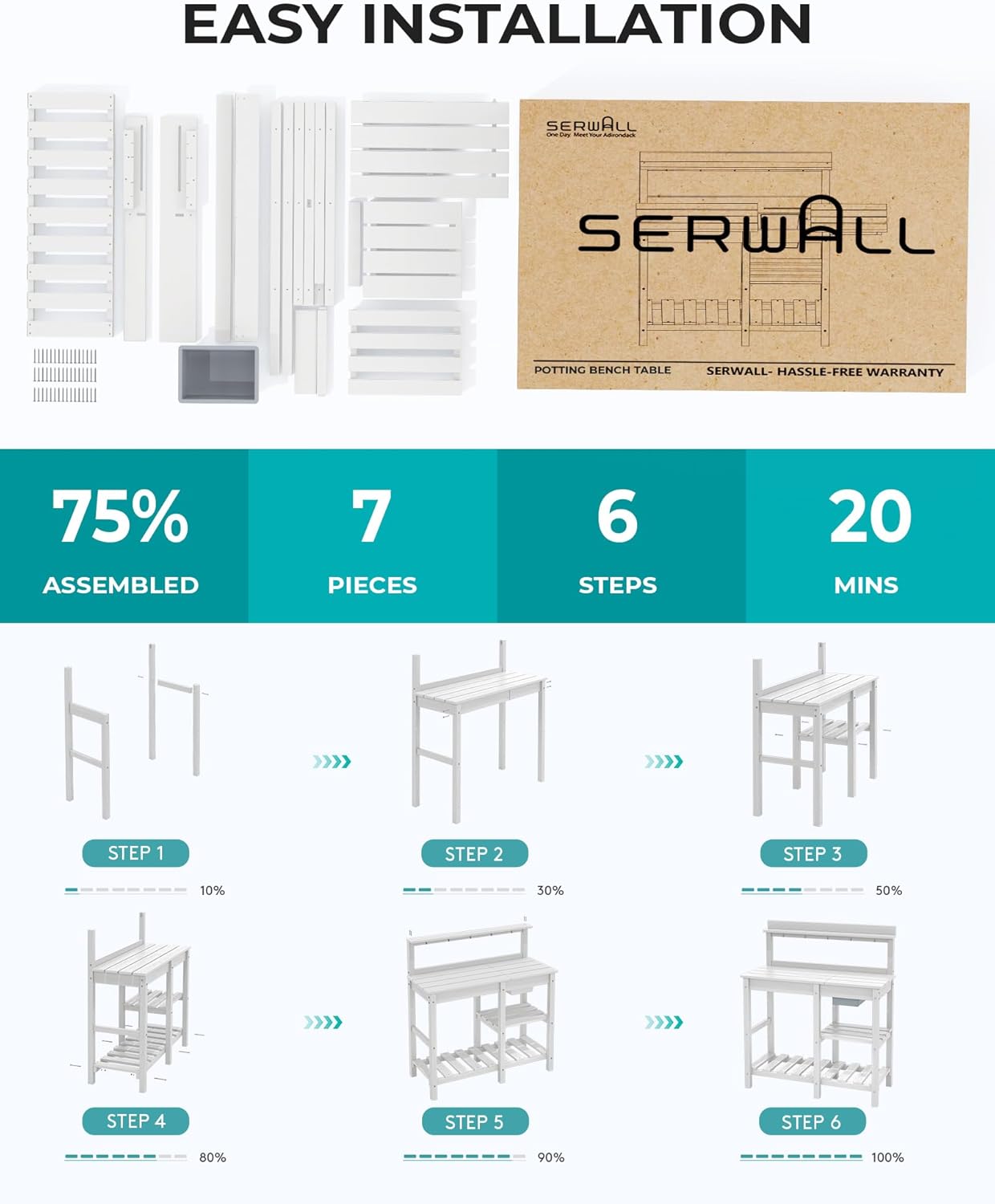 SERWALL Potting Table for Outside All Weather Use- White