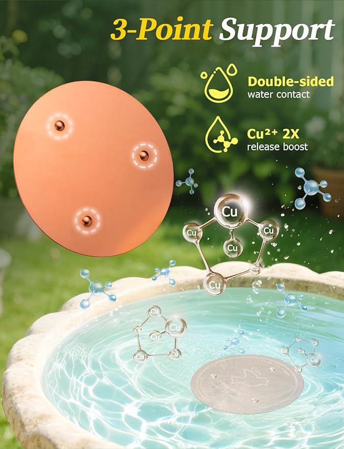 Mellbree 4-Pack Bird Bath Copper Disk, 0.6mm Reinforced 99.99% Pure Copper Cleaning Disk with Triple-Point Support for Physical Safe Clean Water All-Season