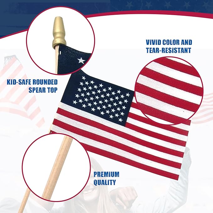 Super Tough Small American Stick Flags 4’’x6’’ | Cotton Outdoor Flag on 10’’ Wooden Stick with Spear Tip | Mini Flags Patriotic Decor for Various Holiday Parties and National Flag Day | 25 Pack