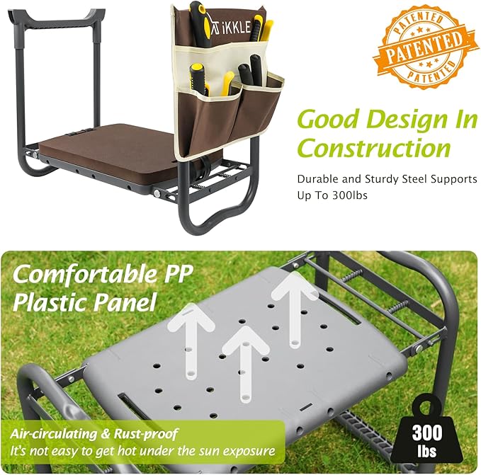 ikkle Garden Kneeler and Seat Gardening Stool Kneeler Folding Gardening Bench with Thicker Detachable Kneeling Pad and Tool Store Pouches (Brown)