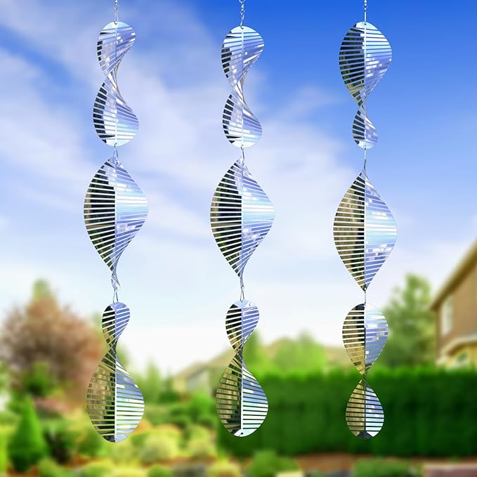 3 * 3 Stainless Steel Bird Scarer Discs Set, 3D Reflective Helix Wind Spinners Bird Reflector & Sparkly Metal Outdoor Garden Décor Sculpture Ornaments, Deterrent to Scare Pigeon Away Yard Patio Farm