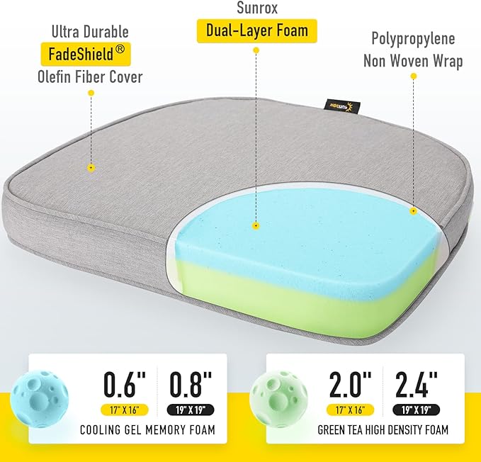 SUNROX Gel Memory Foam Chair Cushions, FadeShield Water-, Stain-Resistant Durable Reversible Seat Cushion Pads with Ties for Indoor/Outdoor Kitchen Dining Office, 19"x19", Set of 2, Heather Grey