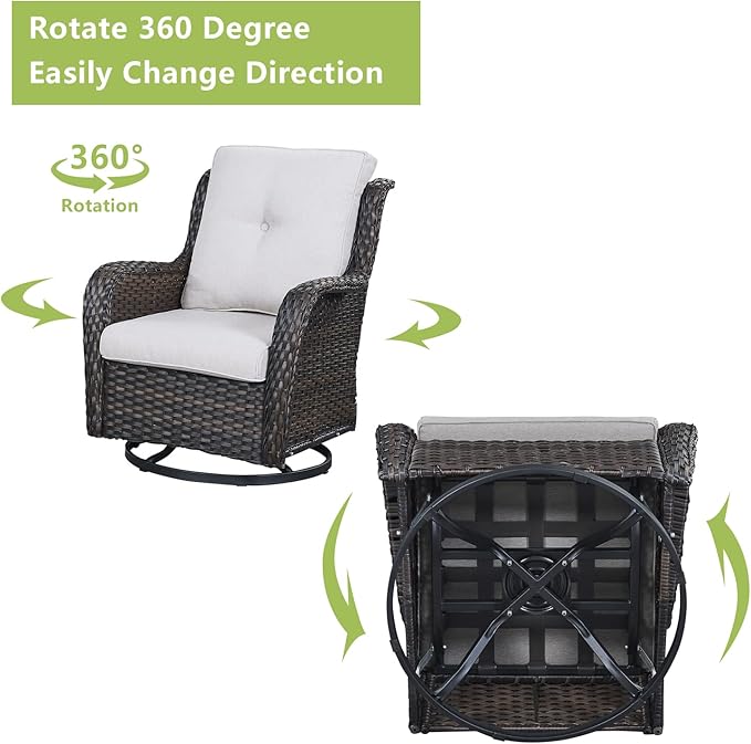 Outdoor Wicker Patio Furniture Set - 5 Piece Rattan Patio Conversation Set with 2 Rocking Swivel Chairs,2 Ottomans and 1 Sofa for Porch Deck Backyard Garden(Brown/Beige)