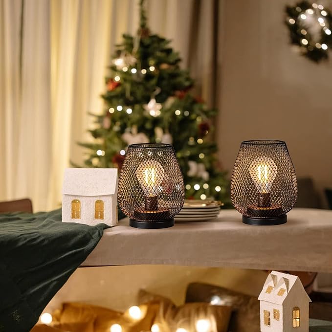 DECORKEY Set of 2 Battery Operated Lamp LED Table Lantern, Brown Metal Cage Cordless Lamps with LED Bulb，Vintage Decorative Outdoor Lantern for Weddings, Parties, Patio, Events for Indoors Shelf Decor