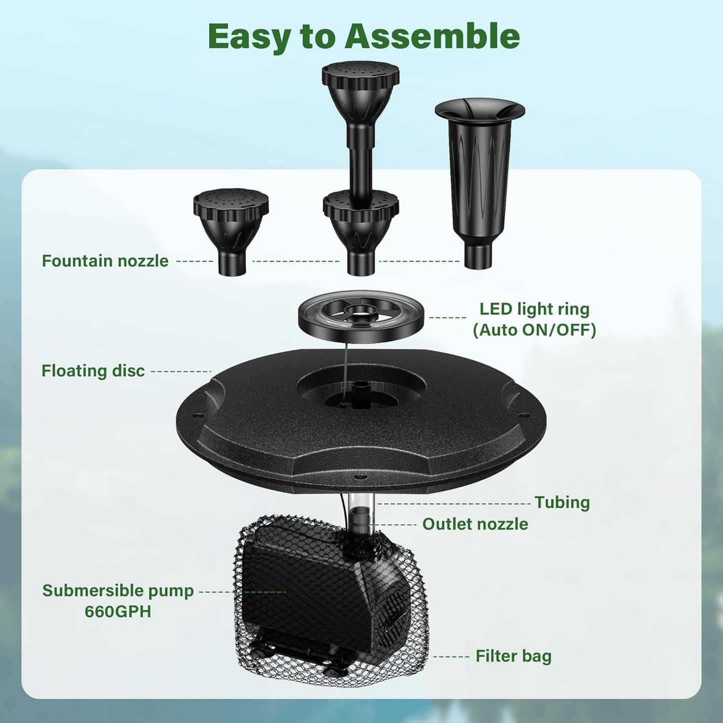 Biling Floating Pond Fountain with 660GPH Fountain Pump, Color-Changing LED Lights, 27 FT Power Cord, 3 Spray Patterns, Pond Water Fountain for Outdoor Pond, Black