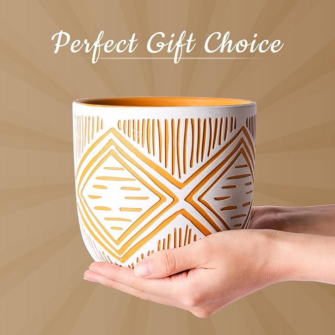 2 Boho Style Terra Cotta Pots, 6 Inch Yellow Plant Pots with Drainage Holes, Suitable for Indoor Plants Ferns,Vines, Succulents and Outdoor Plants Growing, a Gift for Plant Lovers