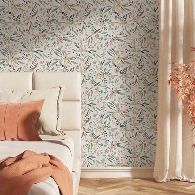 Boho Watercolor Brown Leaf Vintage Peel and Stick Wallpaper Self Adhesive Removable Easy Peel Off Stick on Wall Paper for Bedroom Cabinet Renter