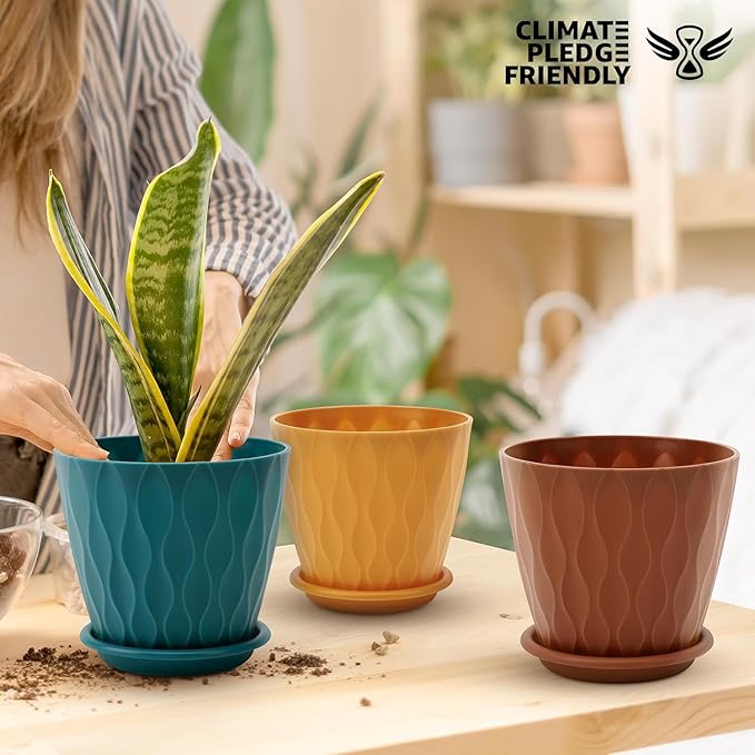 6 inch Plant Pots, 5 Pack Flower Pots Outdoor Indoor, Planters with Drainage Holes and Tray Saucers