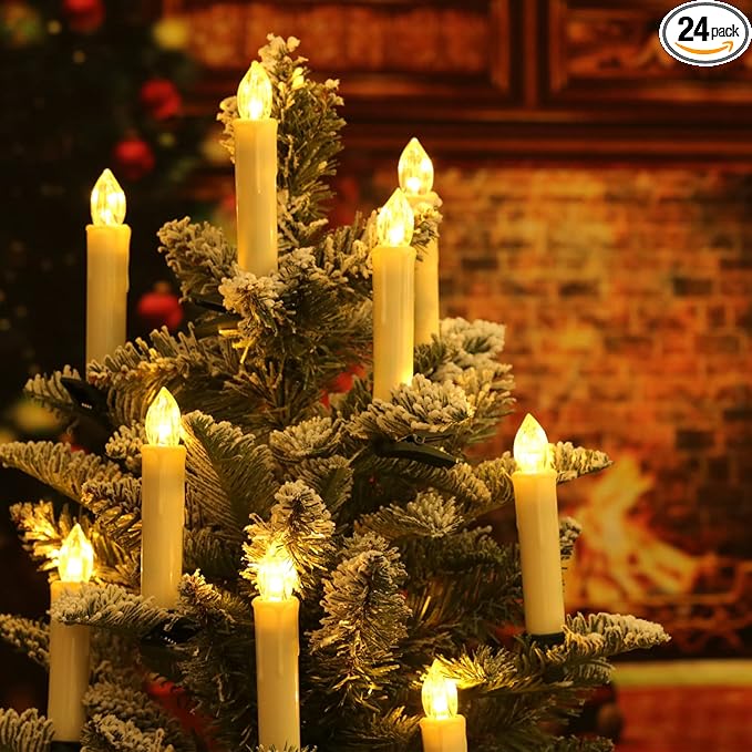 Set of 24 Ivory Flameless Window Candles, 4”H Battery Operated LED Flickering Taper Candles with Remote and Timer, Warm White Candlelight, Ideal for Chandelier/Birthday/Christmas/Party Decor