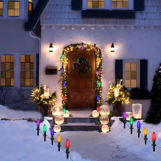 38Ft C9 LED Christmas Pathway Lights Outdoor, 25 Multicolor Bulbs String Waterproof With Stakes, Connectable Walkway for Outdoor Yard Lawn Sidewalk Driveway Decor