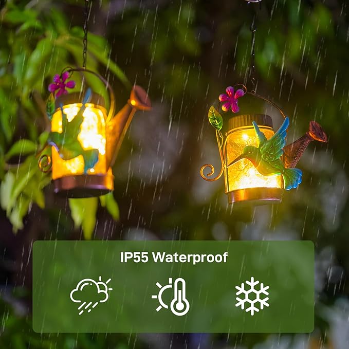 2 Pack Solar Lanterns Outdoor Waterproof Kettle Hanging Solar Lantern, Watering Jar Outdoor Solar Lanterns with Hummingbird Decor for Yard Garden Tree