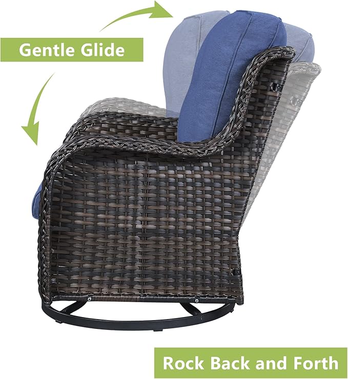 Outdoor Wicker Patio Furniture Set - 5 Pieces Rattan Patio Conversation Set with 2 Rocking Swivel Chairs,2 Ottomans and 1 Side Table for Porch Deck Backyard Garden(Brown/Blue)