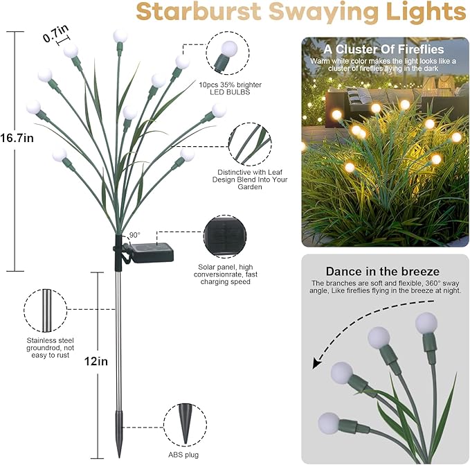 4 Packs Solar Garden Lights, New Upgraded Leaf Design 40 LED Solar Firefly Lights, Waterproof Solar Landscape In-Ground Path Lights Outdoor Decorations for Patio Yard Garden, Warm White