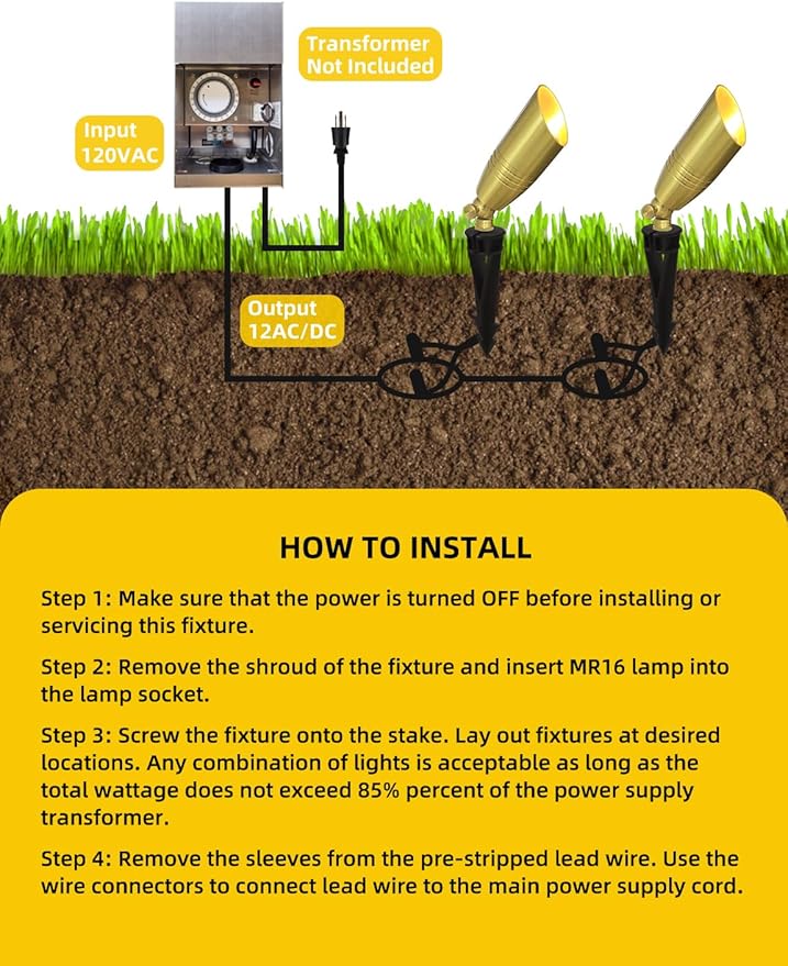 COLOER Die-cast Brass Landscape Spotlight 1-Pack with 5W Aluminum Housing LED MR16 Bulb,12V AC/DC Low Voltage Copper Outdoor Lighting, Directional Garden Patio Spot Up Light (102B Brass Finish)