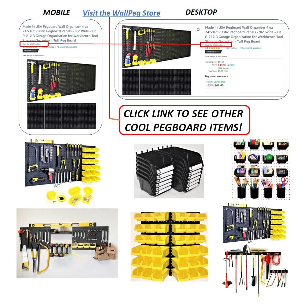 WallPeg Made in USA Pegboard Panels Garage Organization - Wall Storage Kit (PB-2 B) (2) ea - 24" x 16" Peg Board Tool Organizer Panel Set - Garage Organizer Kit