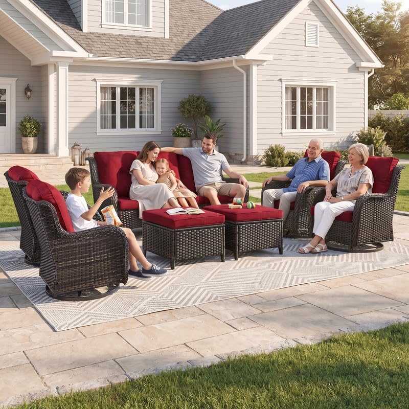2 Pieces Outdoor Wicker Swivel Rocker Patio Chairs Set of 2, Cushions Red - Image 7