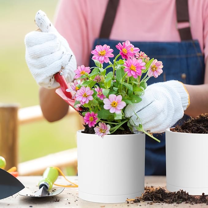 8/7/6 inch Plant Pots, 3 Pack Cylinder Flower Pots for Outdoor Indoor Plants, Decorative Plastic Planters with Drainage Holes and Saucers for Garden House Plants, White with Brown