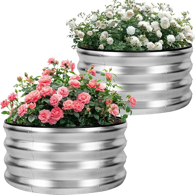 Galvanized Raised Garden Bed- 2Pcs 2x2x1FT Metal Planter Boxes Outdoor | Round Steel Raised Bed Kit & Fire Pit Ring for Gardening with Protective Tape, Gloves for Vegetables, Flower (Sliver)