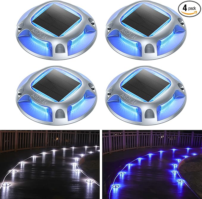 AGPTEK Solar Driveway Lights Outdoor 4 Pack, 2 Color Modes LED Deck Dock Marine Waterproof Security Marker Lights for Step Sidewalk Stair Garden Pathway Walkway Yard(Blue Light/Cool White)