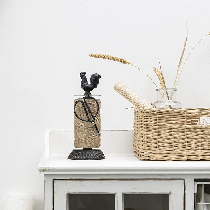 SOFFEE DESIGN Vintage Jute Twine Spool and Scissors Holder for Garden Farmhouse Kitchen Antique Twine and Scissors Set Black Rooster