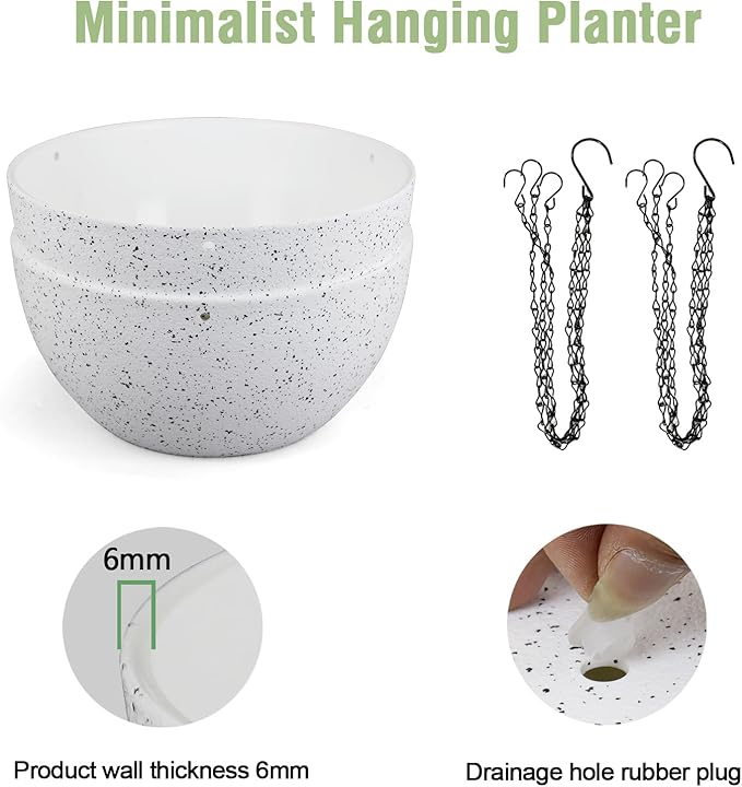 8 inch Hanging Planters for Small Indoor Outdoor Plants, 2 Pack Hanging Flower Pots with Drainage Holes and Chain for Garden Porch, Plastic Hanging Baskets for House Plants, Speckled White