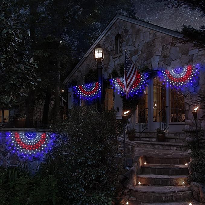 150 LED American Flag Lights Outdoor 3 Pack - 4x2 FT Half Fan Shape Patriotic Net Lights with 8 Modes, Waterproof for 4th of July Decorations, Christmas, Yard, Parties