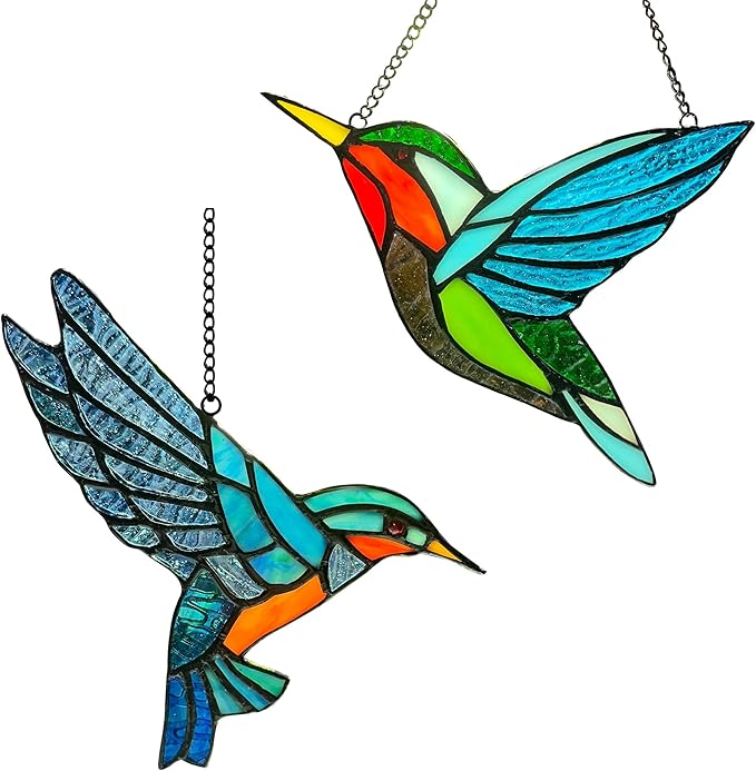 2 Pack Hummingbird Stained Glass Birds Window Hangings, Stained Glass Decorations,Bird Suncatcher for Window Decor Hummingbird Gifts for Mom,Bird Lovers