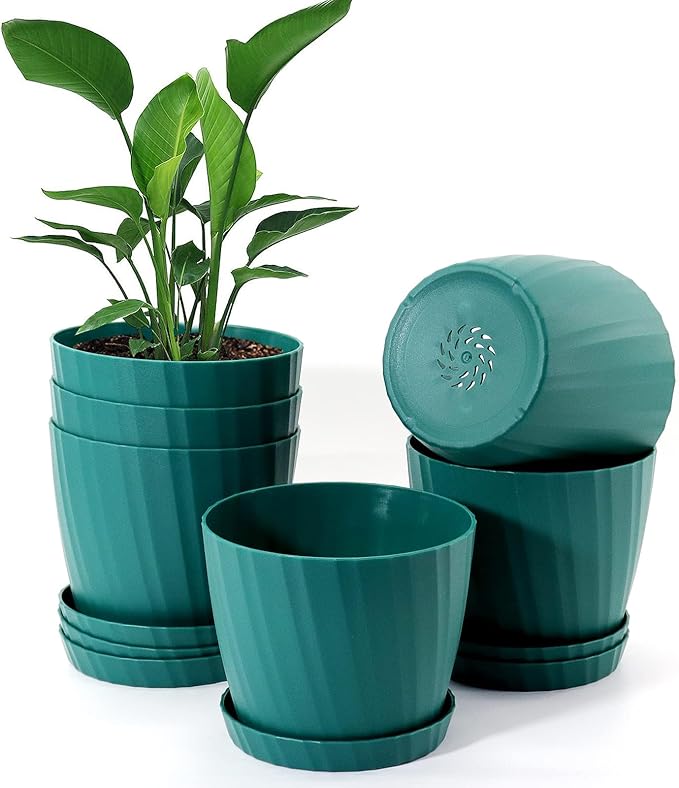 7 Inch Plant Pots Bulk, 6 Pack Plastic Planters with Drainage Holes and Saucers for Indoor Outdoor House Plants and Flowers, Green