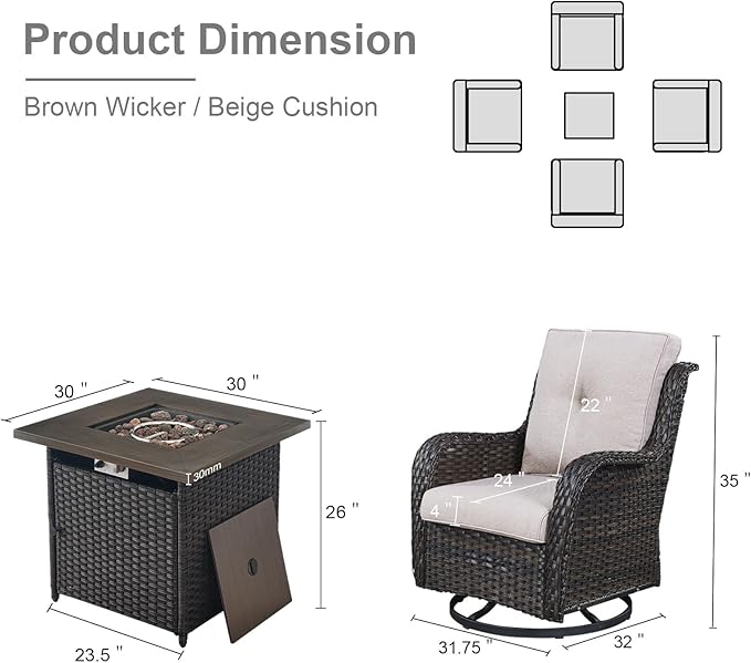 5 Pieces Patio Wicker Furniture Set - 4 Outdoor Swivel Rocker Glider Chairs with Propane Fire Pit Table, Warm Patio Conversation Set Beige Cushion Perfect for Casual Gathering