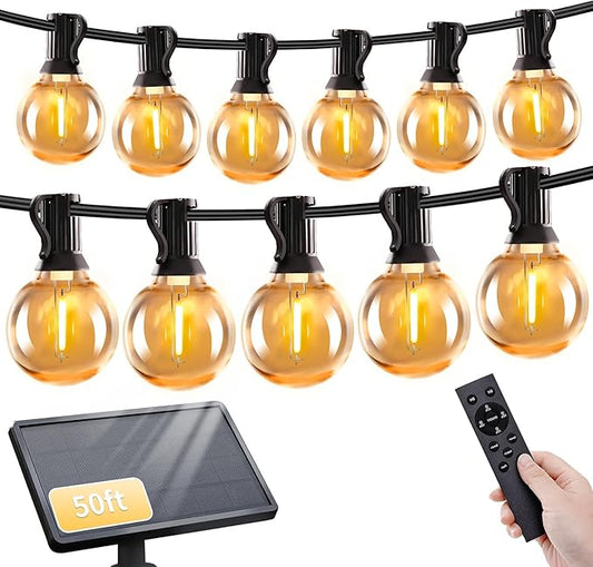 50ft Solar String Lights with Remote, 25+1 LED Bulbs Patio Lights Outdoor Waterproof, G40 Dimmable Deck Lights for Outside Garden Fence Backyard Decor